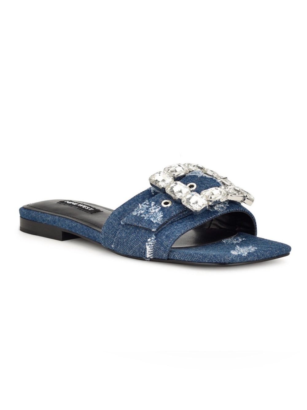 NINE WEST MATTER SANDALS M DARK DENIM STONE DETAIL SQUARE TOE HTAT730 Retail 140